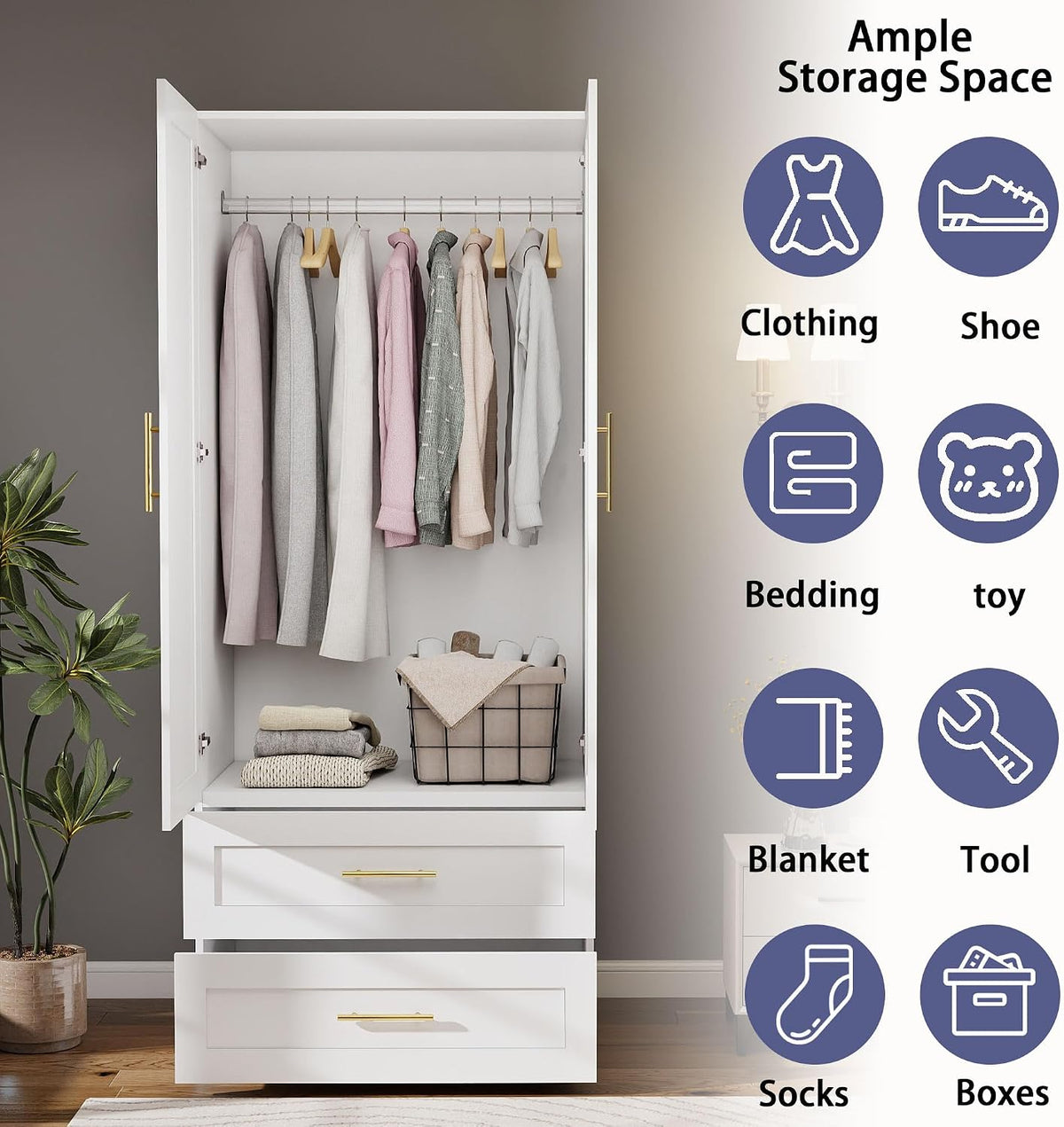 White Wardrobe Closet with 4 Drawers and 4 Doors, 75" H x 63" W