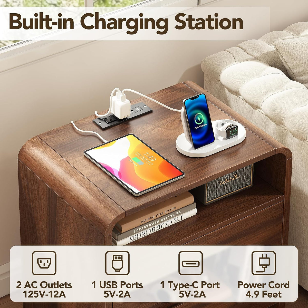 Decofy Nightstand Set of 2 with Charging Station & 2 Hidden Drawers, Walnut