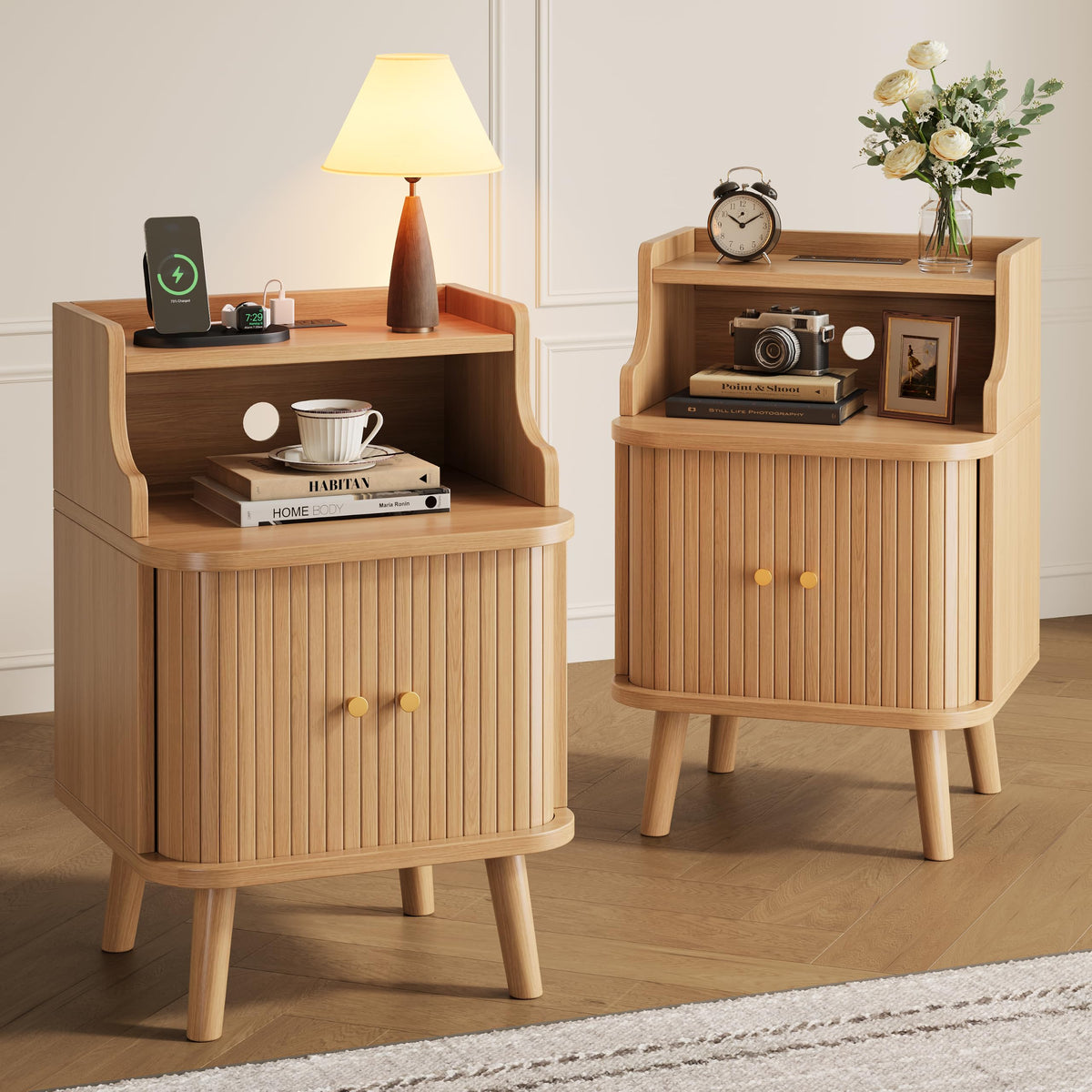 Decofy Mid Century Modern Nightstand Set of 2, Charging Station, Walnut