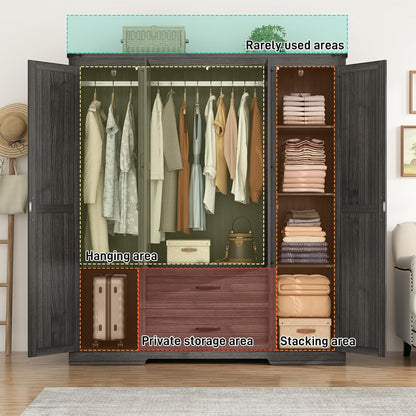 St.Mandyu Farmhouse Wardrobe Armoire Closet with 4 Doors and 2 Drawers, 70.1" Wooden Clothing Storage Cabinet, Freestanding Large Capacity Storage Wardrobe Armoire with Hanging Rod for Bedroom, Grey
