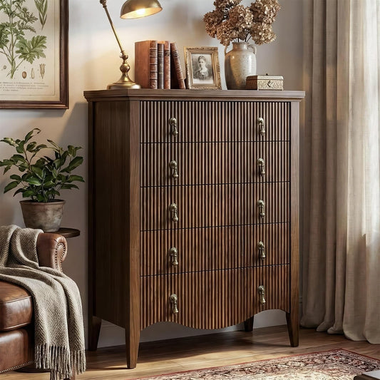 FUSUNBAO 5-Drawer 47" Tall Fluted Dresser, Vertical Chest of Drawers,Walnut