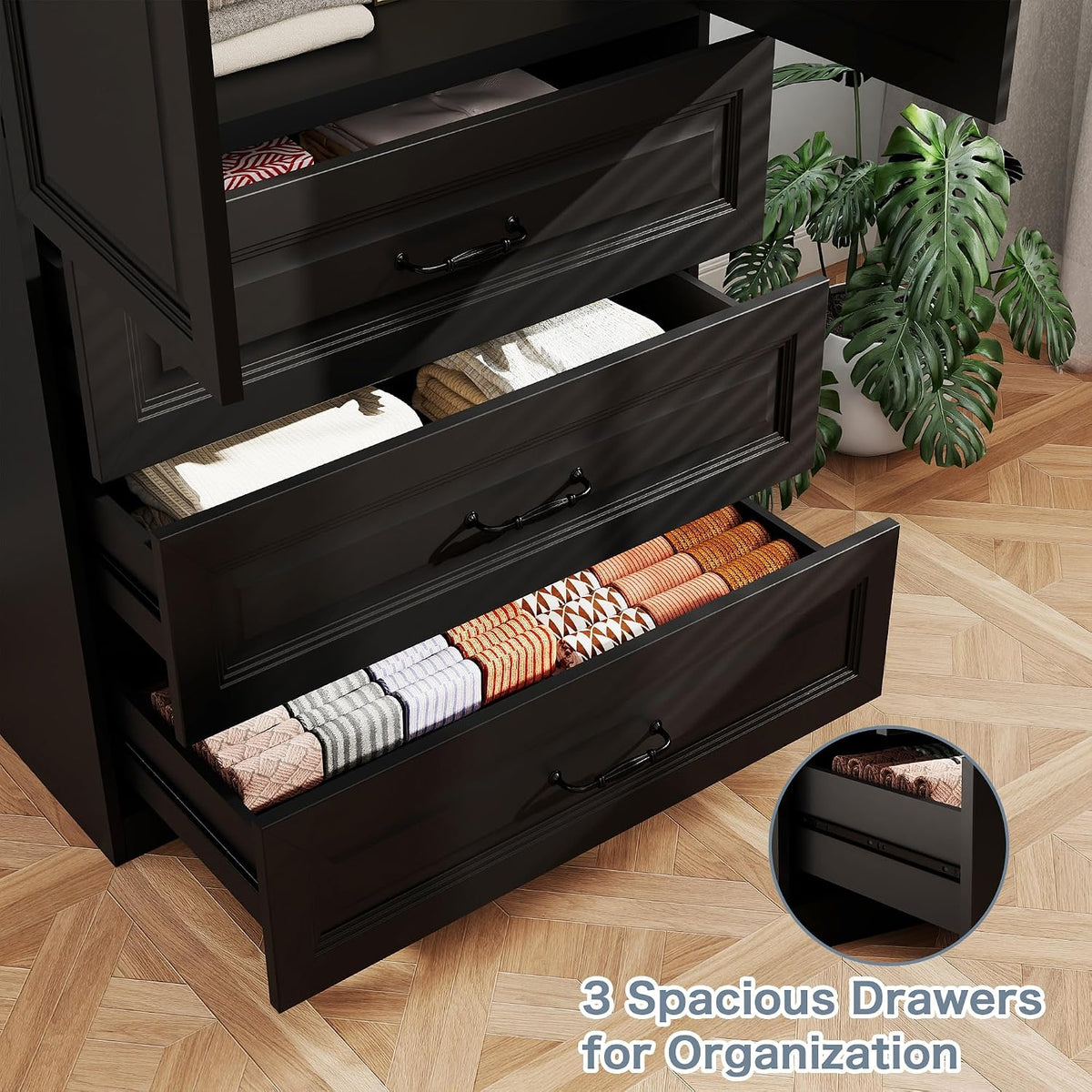 Black Armoire Wardrobe Closet with 3 Drawers, 75" H x 32" W Armoire