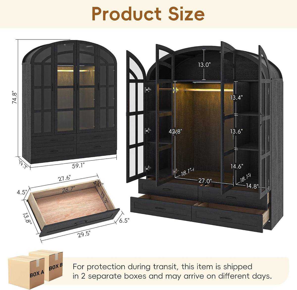 Squireewo 75" Arched Armoire Wardrobe Closet with Motion Sensor LED Light, 4 Windowpane Glass Doors and 4 Drawers, Large Wood Bedroom Storage Cabinet, Clothing Organizer with Anti-Tip Kit, Black