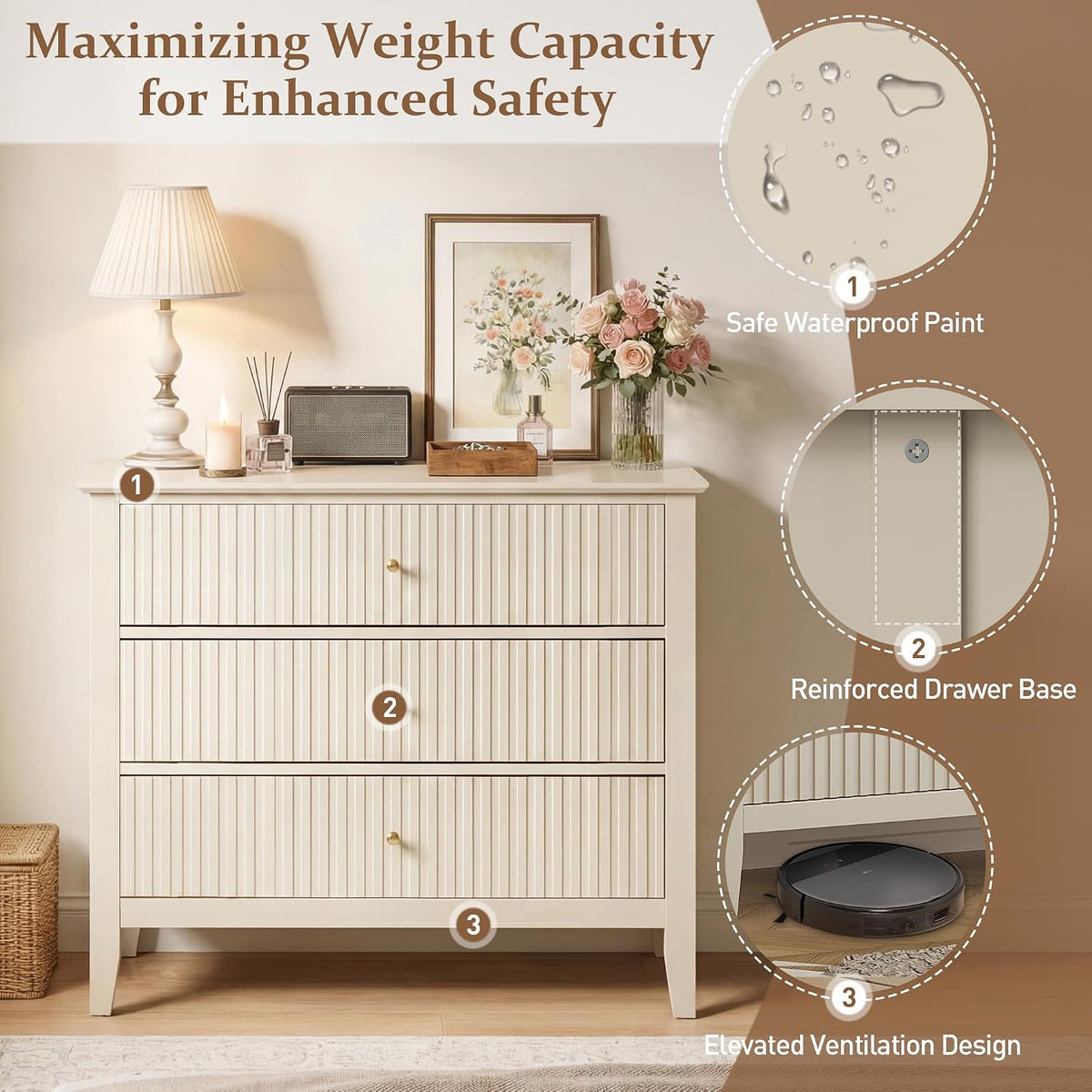 RoyalCraft 32" Large Nightstand Set of 2, Fluted Painted Bedside Table with 3 Spacious Drawers, Modern Tall End Table for Bedroom, Beige