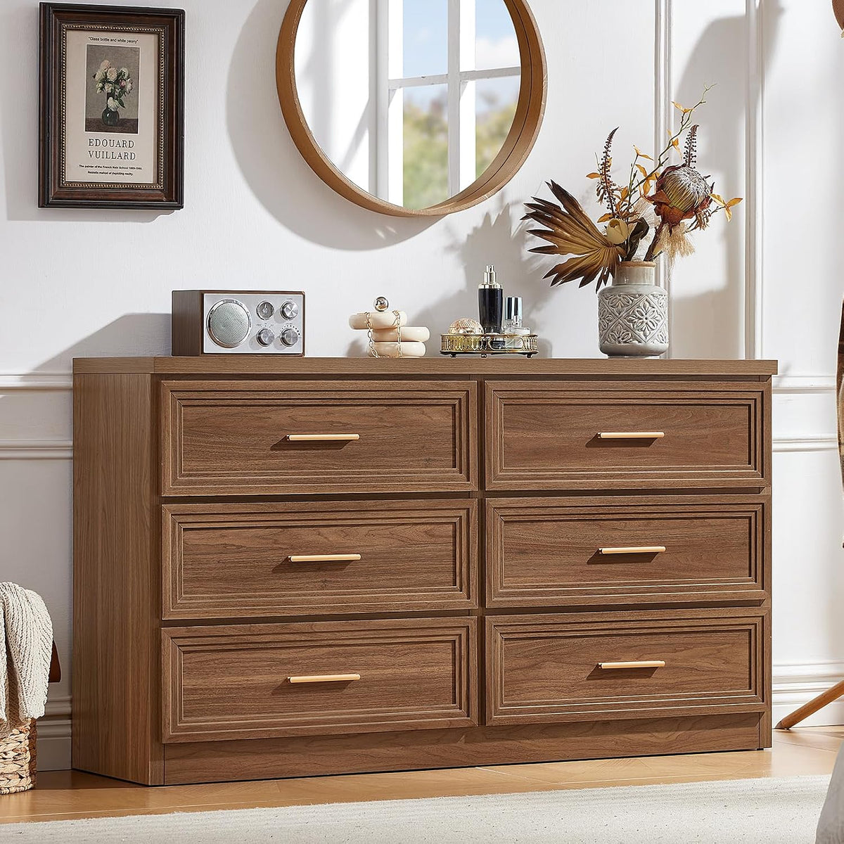 RWYHG 55.1" Wide Farmhouse 6 Drawers Dresser for Bedroom, Light Walnut