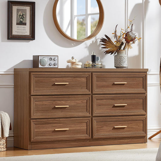 RWYHG 55.1" Wide Farmhouse 6 Drawers Dresser for Bedroom, Light Walnut