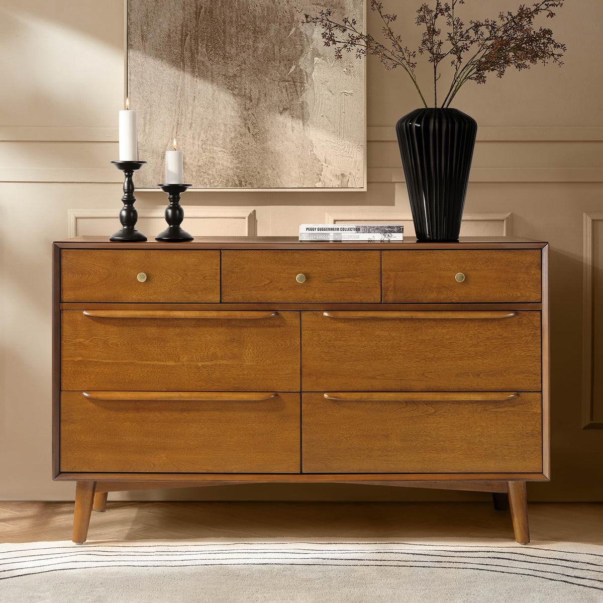 HULALA HOME 7 Drawer Dresser for Bedroom, 52" Wide Mid-Century Modern Chest of Drawers with Built-in Drawer Dividers, Wooden Bedroom Drawer Dresser, Solid Wood Legs with Adjustable Feet(Walnut)