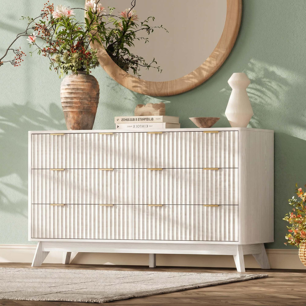 63" Wide Fluted 9 Drawers Dresser for Bedroom,Curved Edge,Oak