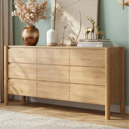 CHUWELL 63" Wide Walnut 9 Drawer Dresser for Bedroom with Solid Wood Legs