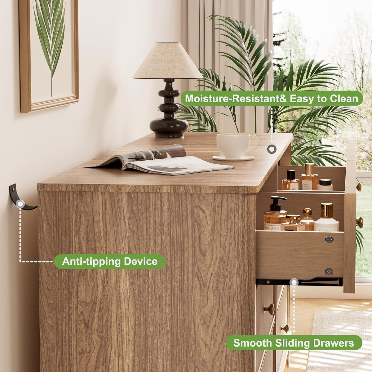 INNOD Fluted 6 Drawers Dresser, 54" Wide Modern Chest of Drawers with Round Corners, Wooden Dresser TV Stand, Wood Drawer Organizer for Bedroom, Living Room, Hallway