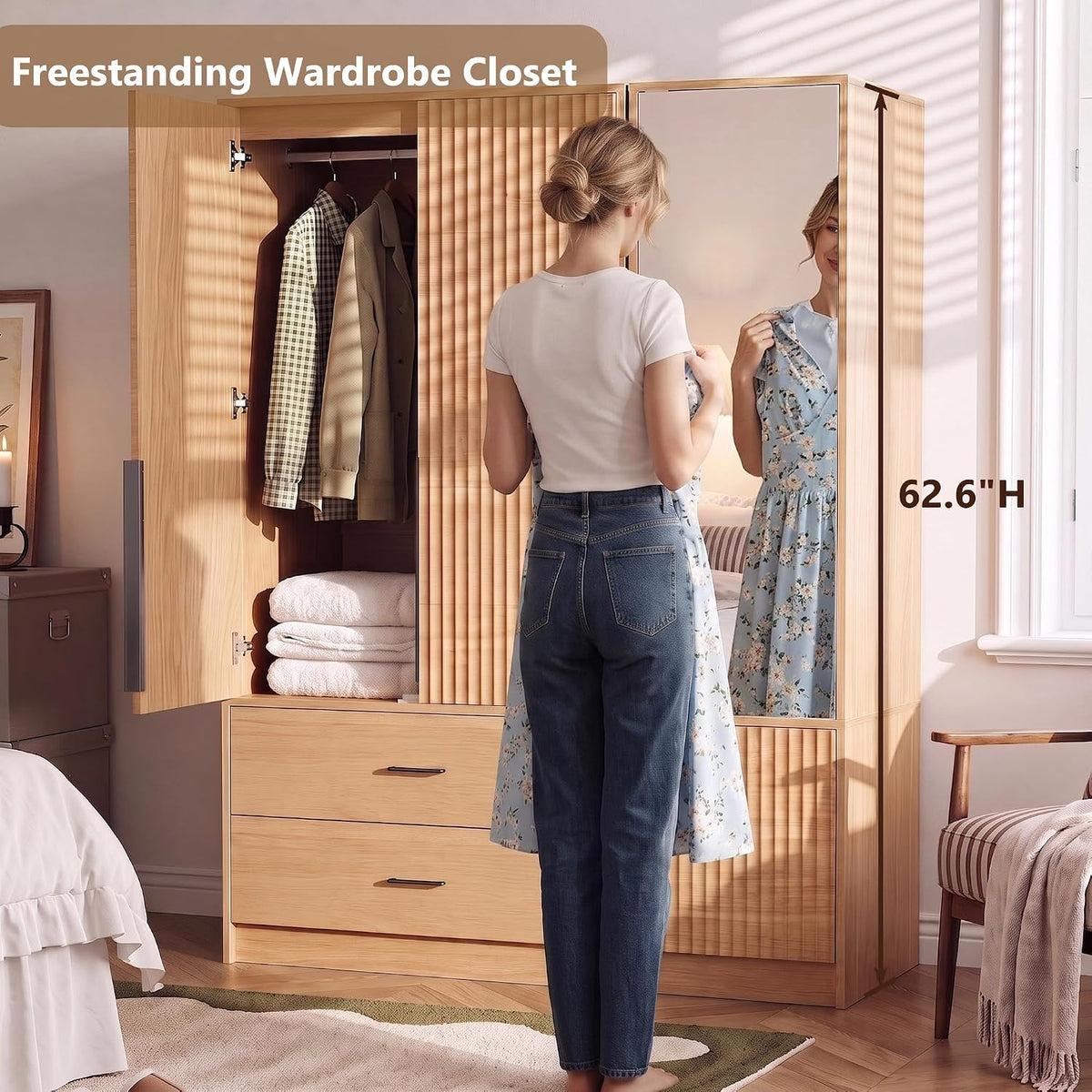 62.6"H Wooden Armoire Wardrobe Closet with Fluted Doors and Drawer, Natural