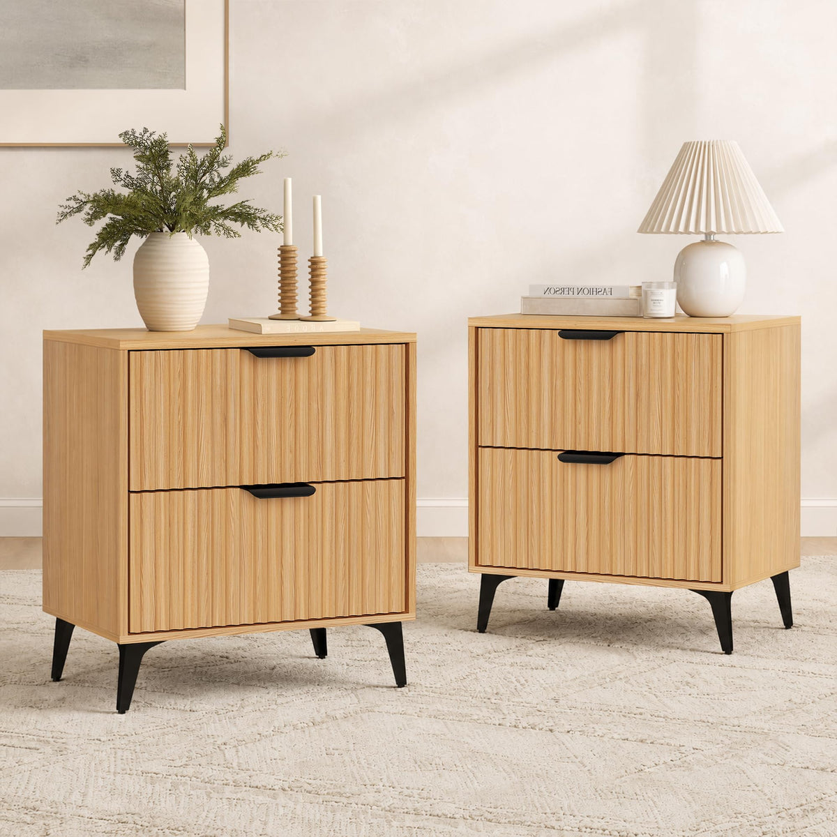 Wood Nightstand Set of 2, Fluted Bedside Tables with 2 Drawers