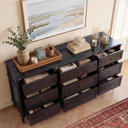 STO'SENSE 63" 9-Drawer Dresser with Power Outlet, Architectural Wood Storage Chest with Framed Drawers, Vintage Metal Pulls and Solid Wood Tapered Legs, Long Bedroom Dresser TV Stand,Black