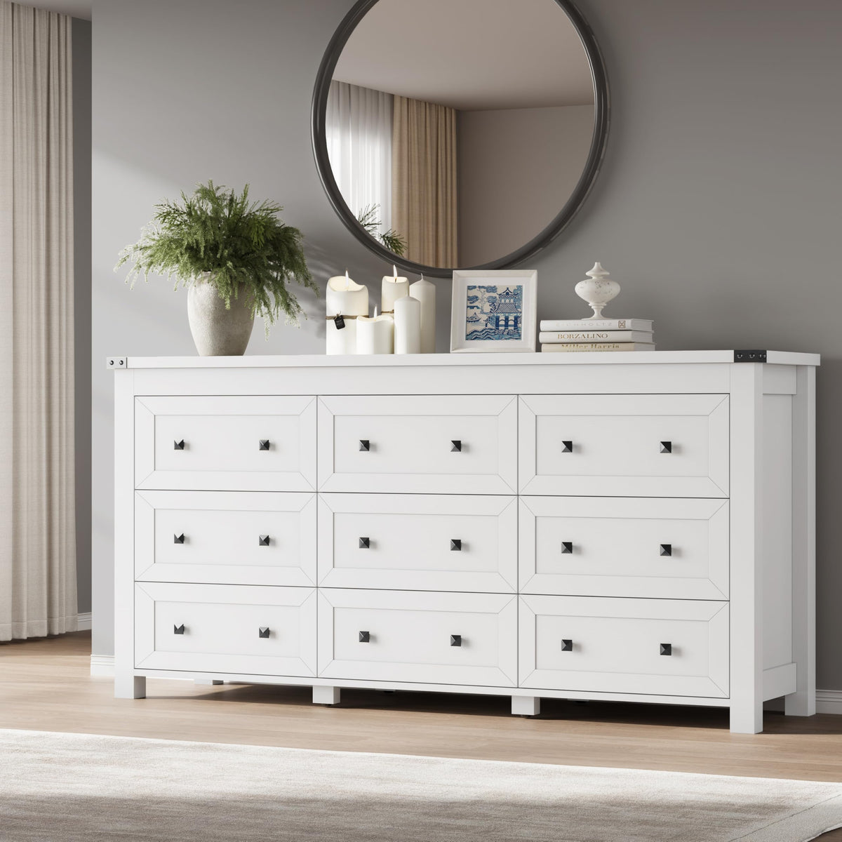 BORNOON 9-Drawer Dresser, Modern Wooden Storage Chest of Drawers, Dresser TV Stand, Wood Drawer Organizer with Metal Handles for Bedroom, Living Room, Hallway