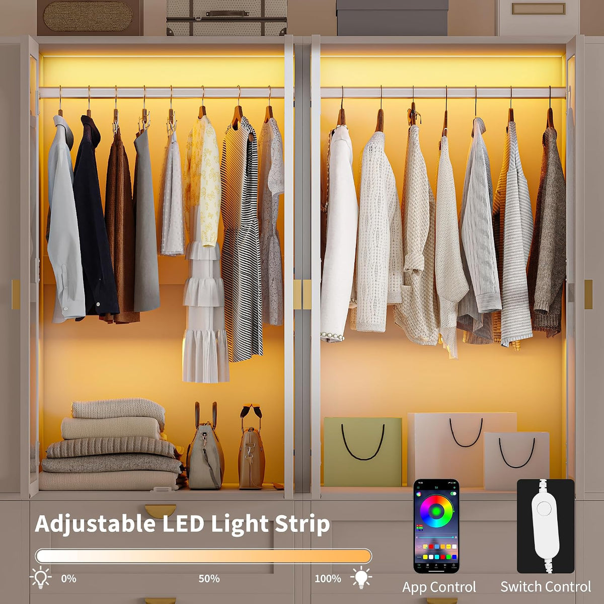 iPormis Armoire Wardrobe Closet with LED Lights & 2 Drawers, 71" Tall Clothing Storage Cabinet with Removable Hanging Rod, 4 Shelves & Pegboard Organizer, Large Capacity Bedroom Storage Cabinet, White