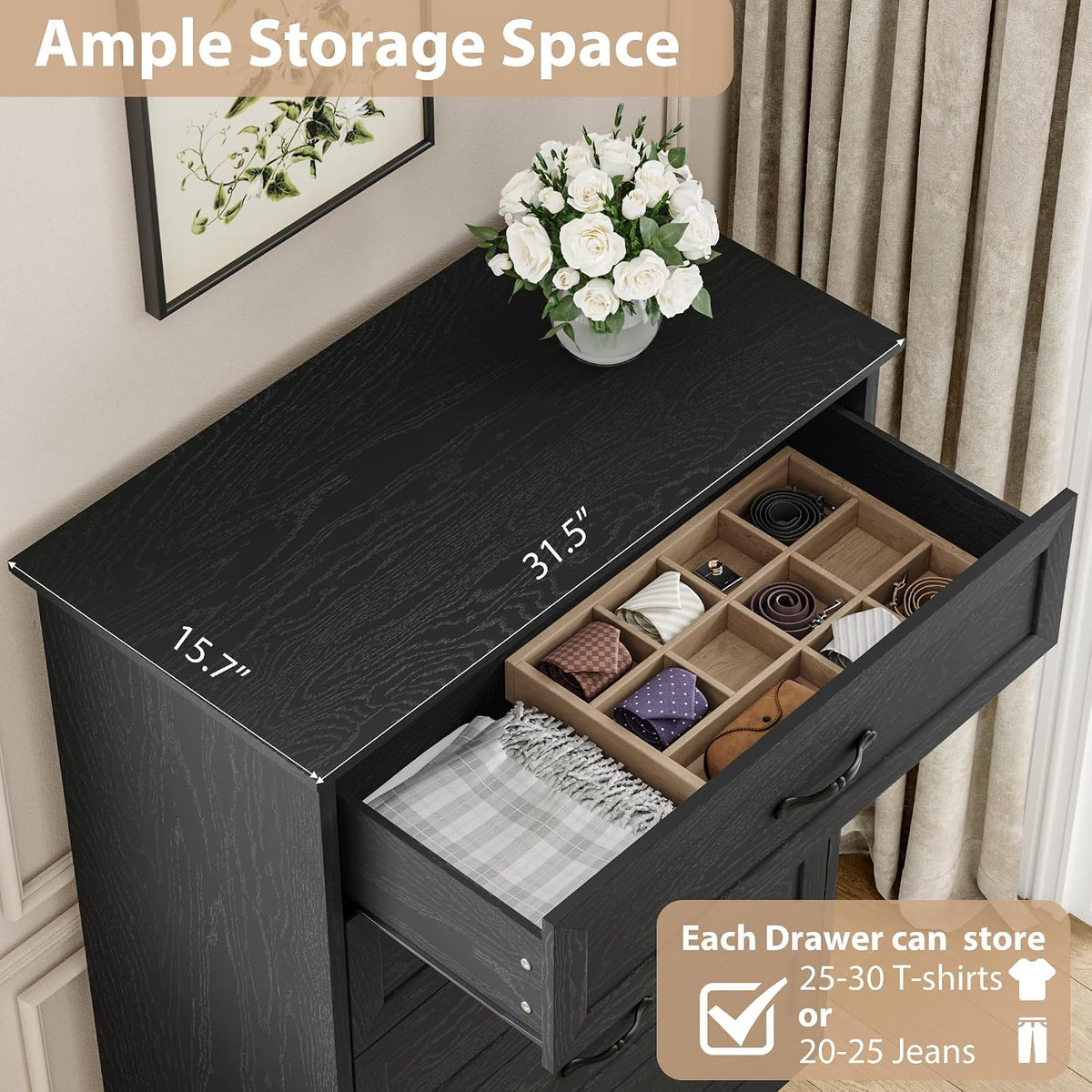 Garvee Farmhouse Wood 43.9" Tall 5 Drawer Dresser for Bedroom, Black
