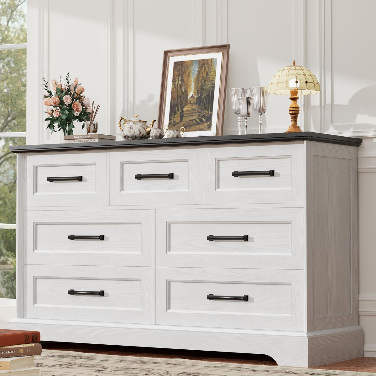 YESHOMY Dresser for Bedroom, Farmhouse 7 Drawers Dressers, White and Brown