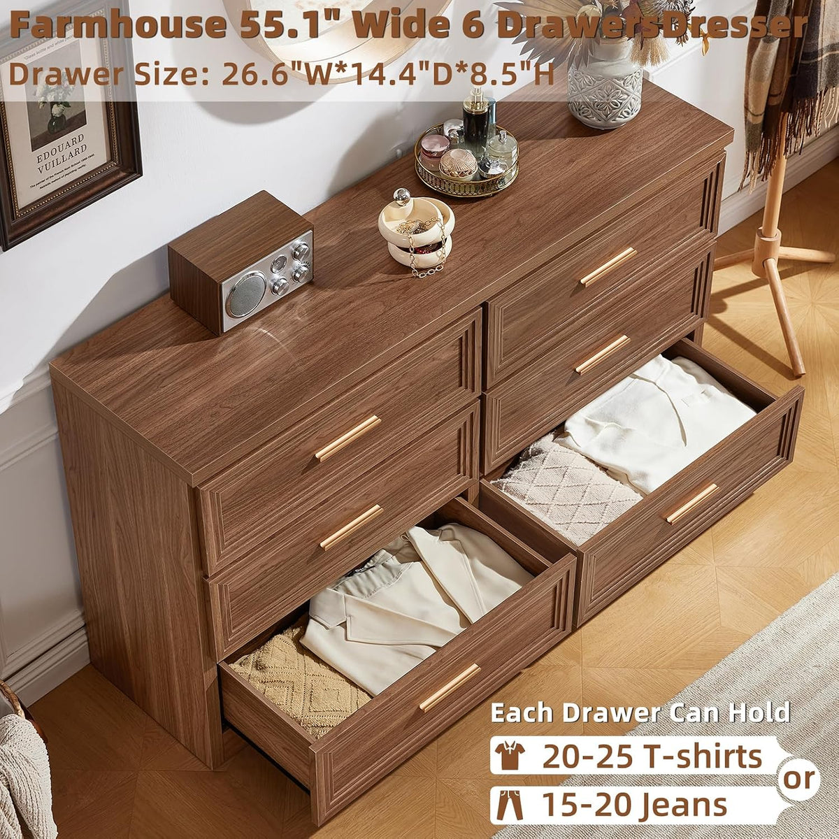RWYHG 55.1" Wide Farmhouse 6 Drawers Dresser for Bedroom, Light Walnut