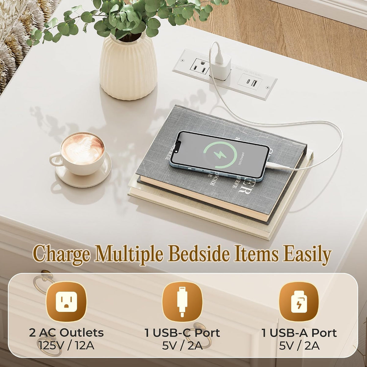 Huuger 27.6 Inch Tall Nightstand with Charging Station, USB-C Port