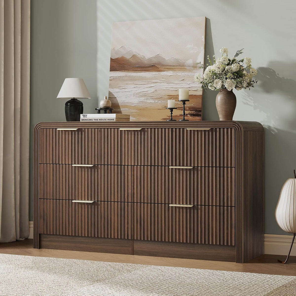 Decofy 55" W Fluted 7-Drawer Dresser for Bedroom, Walnut