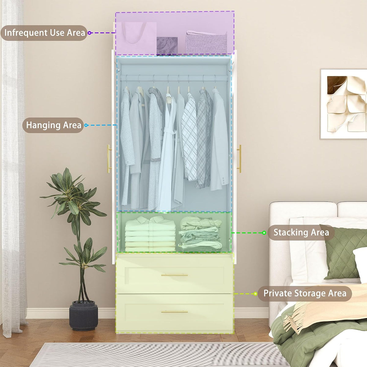 White Armoire Wardrobe Closet with 2 Drawers, 75" Tall x 31.5" Wide