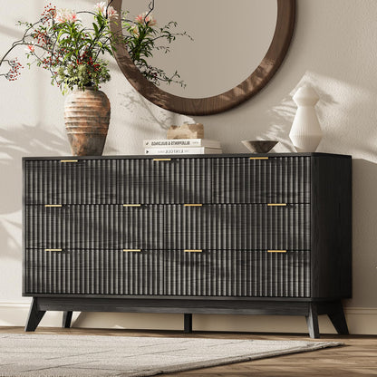 63" Wide Fluted 9 Drawers Dresser for Bedroom,Curved Edge,Oak