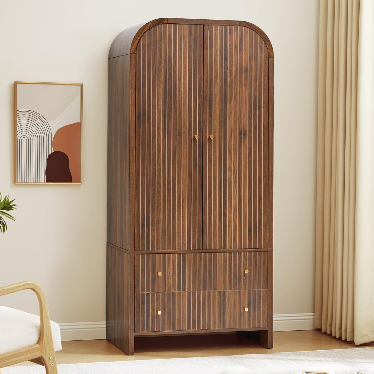 LEVNARY Arched Armoire Wardrobe Closet, Mid-Century Modern 2-Door Freestanding Wardrobe with Hanging Rod and 2 Drawers, Fluted Carved Clothing Storage Cabinet for Bedroom (Black)