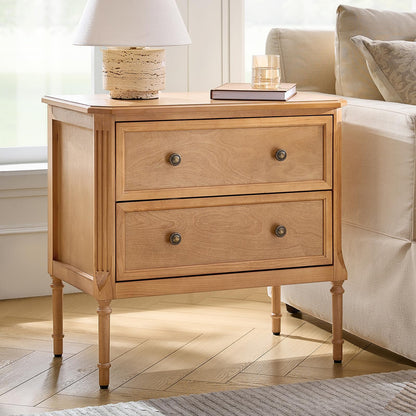 HULALA HOME Solid Wood End Table with Charging Station, Mid-Century Modern End Table with 2 Drawer, Adjustable Solid Wood Feet, Easy Assembly Set of 2, Walnut