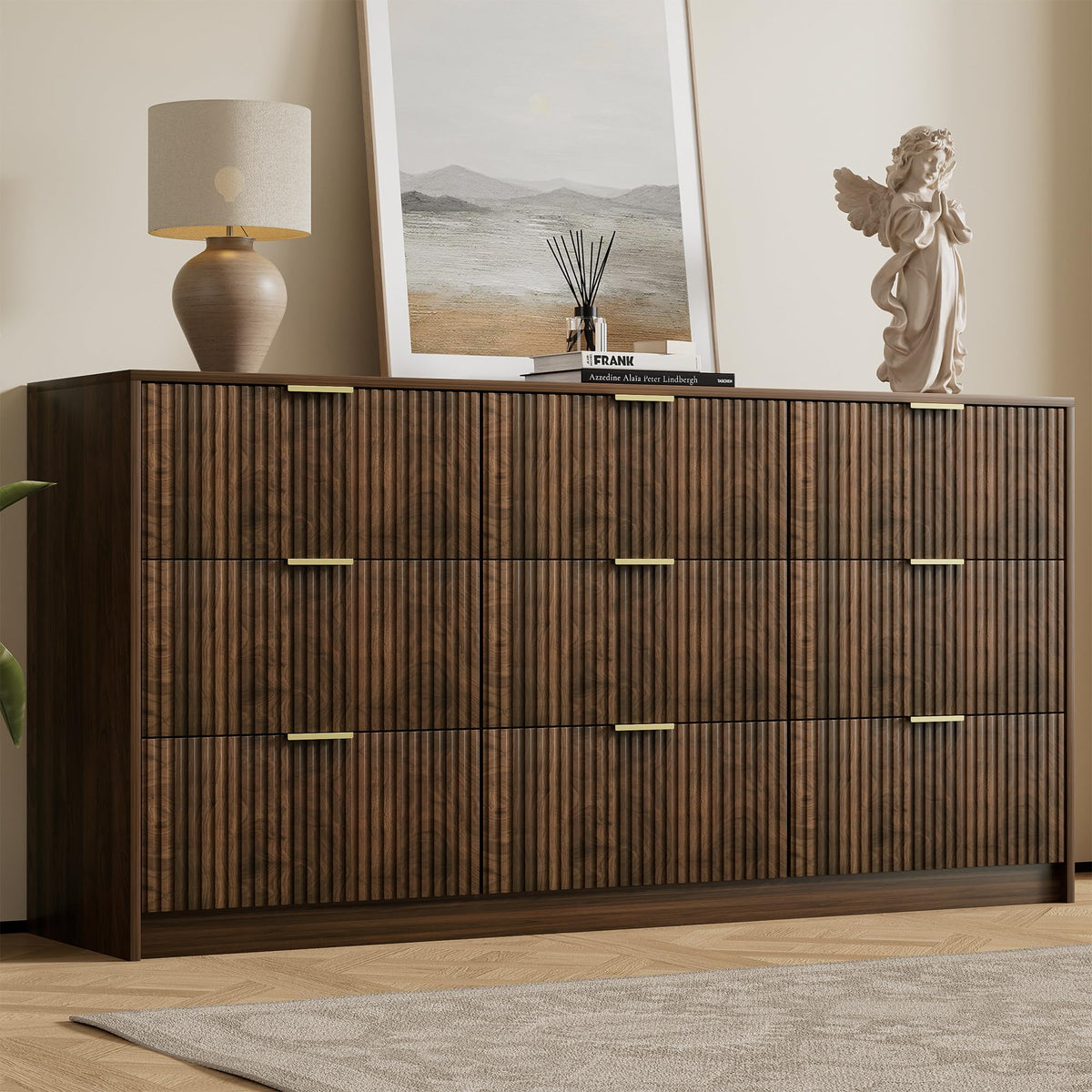 Furniway 55" Wide Green Dresser for Bedroom, Fluted 8 Drawer Dresser