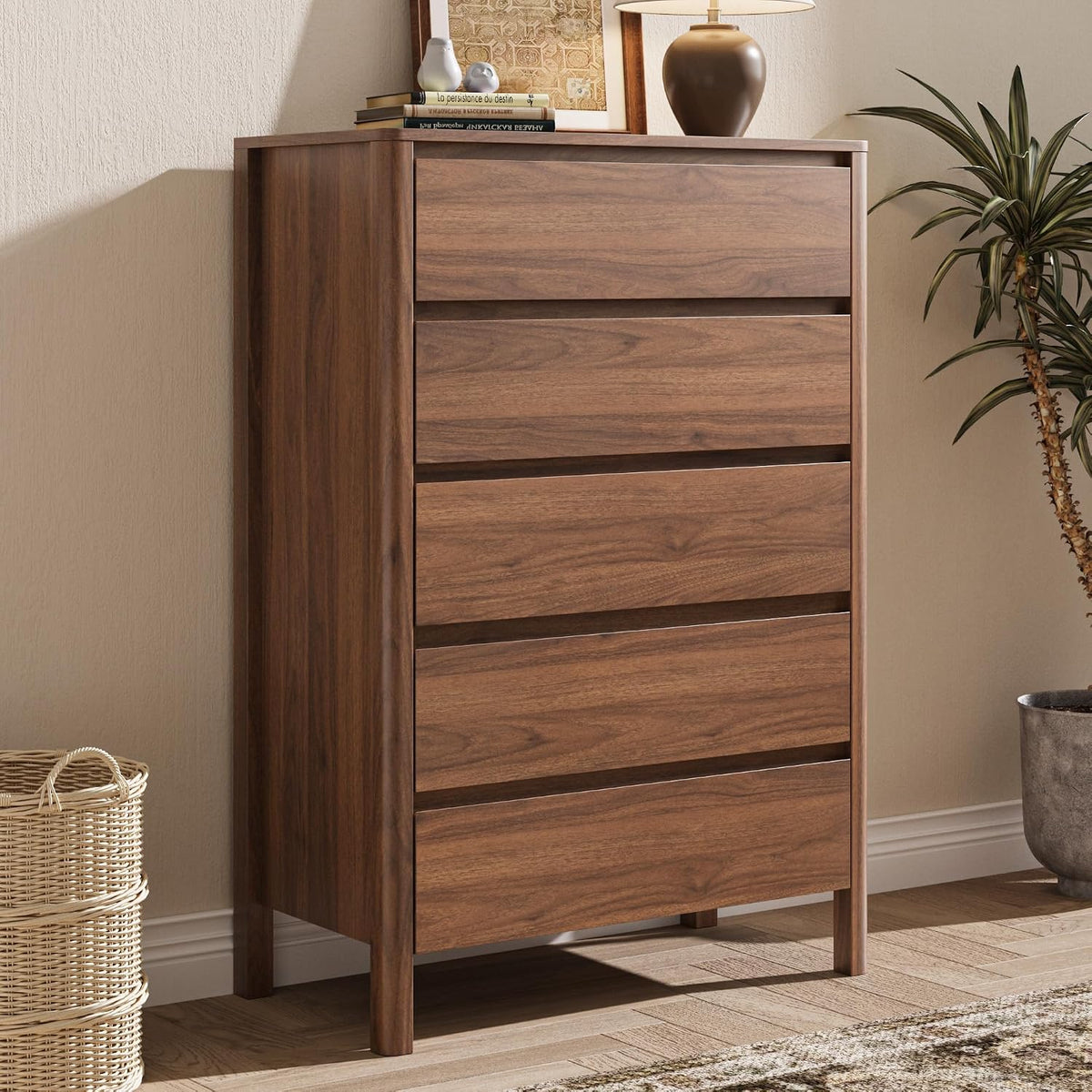 MAISONARIA Walnut 5 Drawer Dresser for Bedroom, 45"Tall Modern Wood Dresser