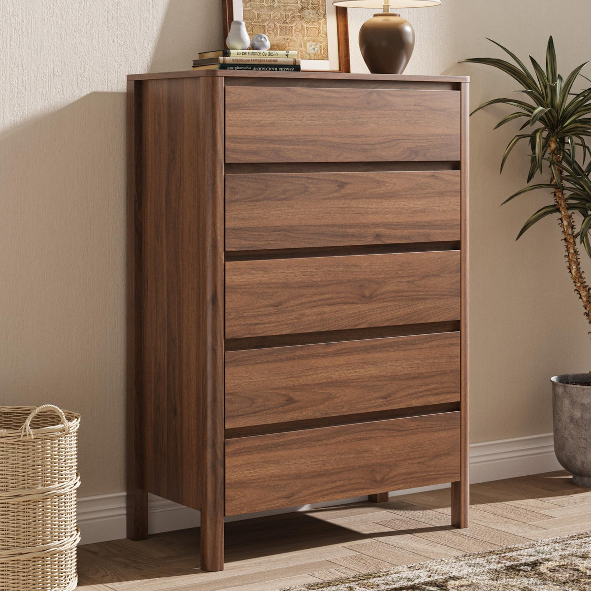 MAISONARIA Walnut 5 Drawer Dresser for Bedroom, 45"Tall Modern Wood Dresser