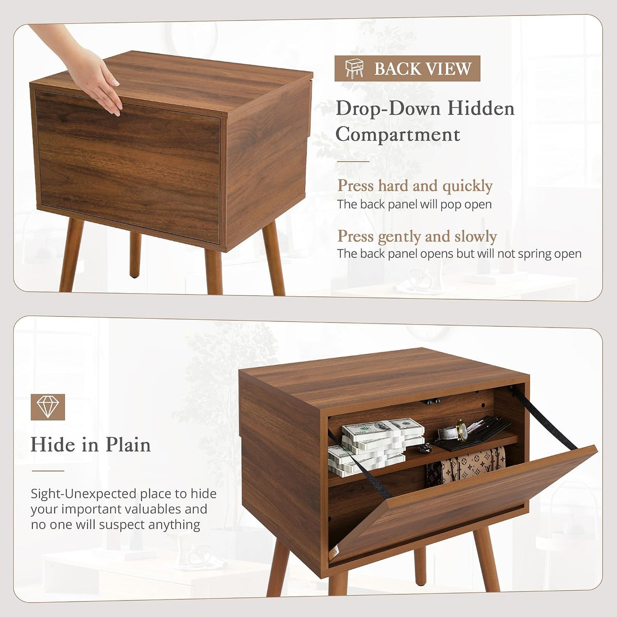 Hidden Compartment Night Stand Set 2, Mid Century Modern Concealment Furniture, End Table with Storage Drawer, Bedside Table with Wood Legs for Bedroom (2,Walnut)