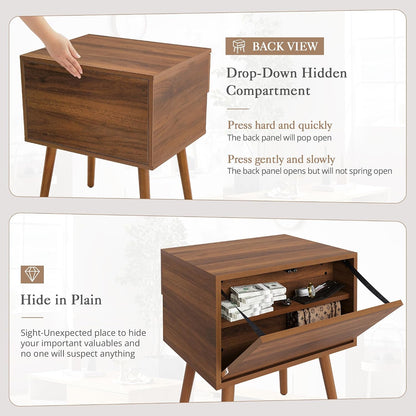 Hidden Compartment Night Stand Set 2, Mid Century Modern Concealment Furniture, End Table with Storage Drawer, Bedside Table with Wood Legs for Bedroom (2,Walnut)