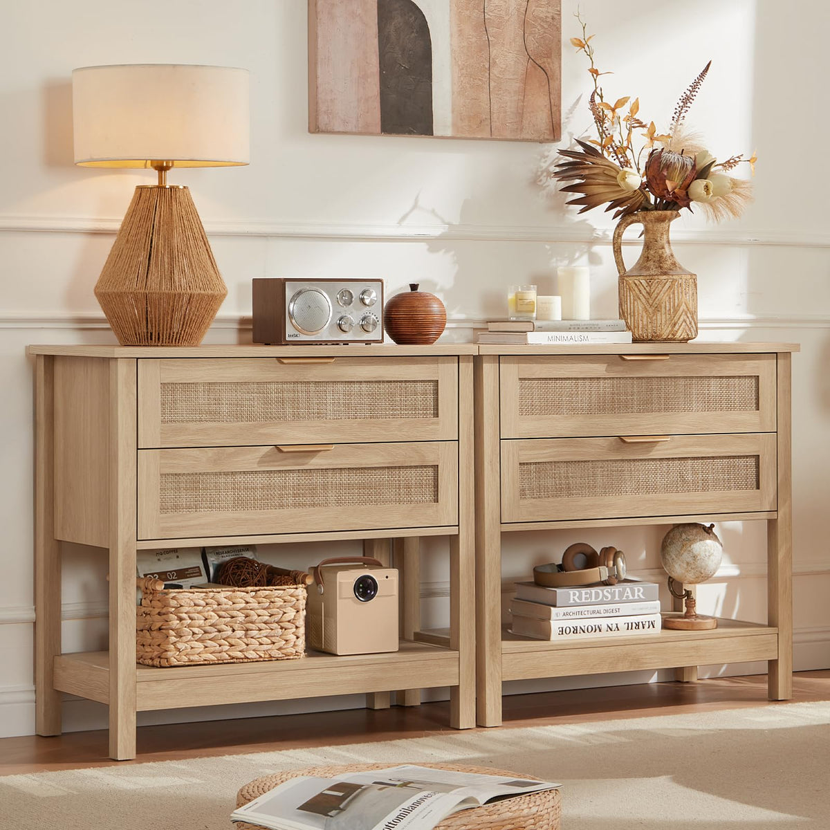 LEYAOYAO 26.8" Wide Rattan Nightstand, Large Boho 3 Drawer Night Stand