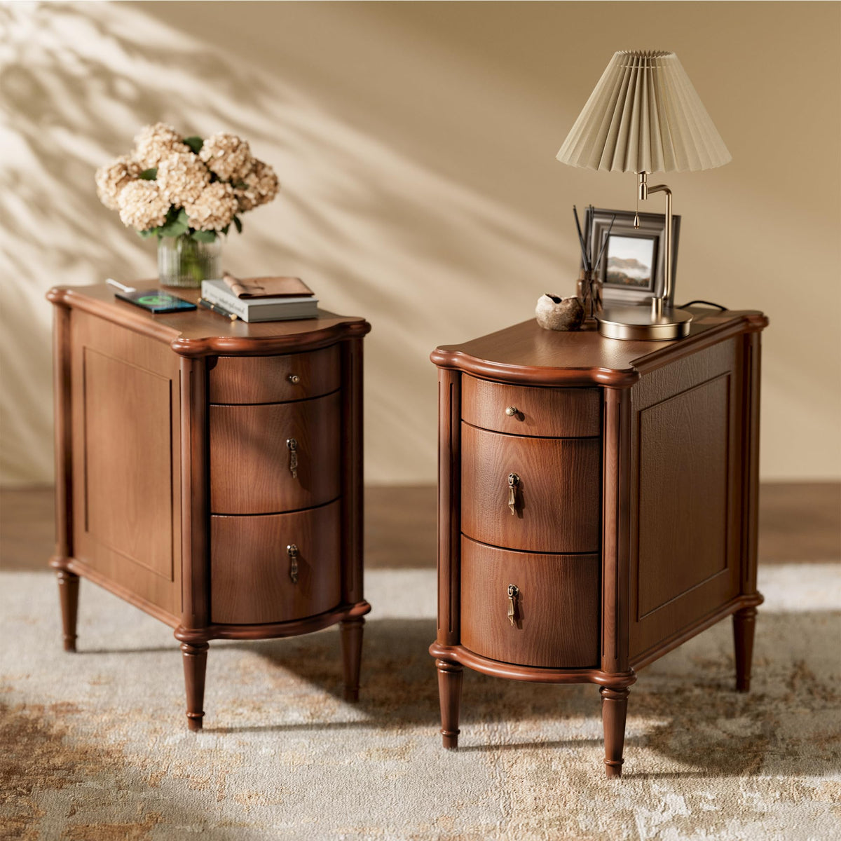 STO'SENSE Nightstand w/Charging Station & 3 Drawers, Pre-Assembled, Vintage Side Table w/Antique-Finished Pulls, Rustic Wood Finish, Narrow End Table w/Turned Legs for Bedroom (1, Ivory White)