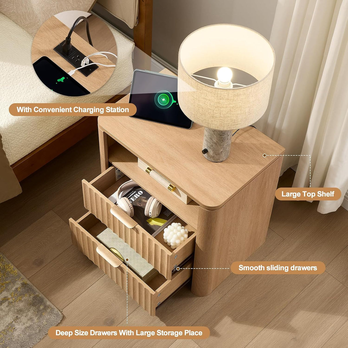 Fluted Nightstand Set of 2 with Charging Station, 23.7" Wide Modern End Table with 2 Drawers, Wooden Bedside Table for Bedroom, Curved Profile Design, Natural