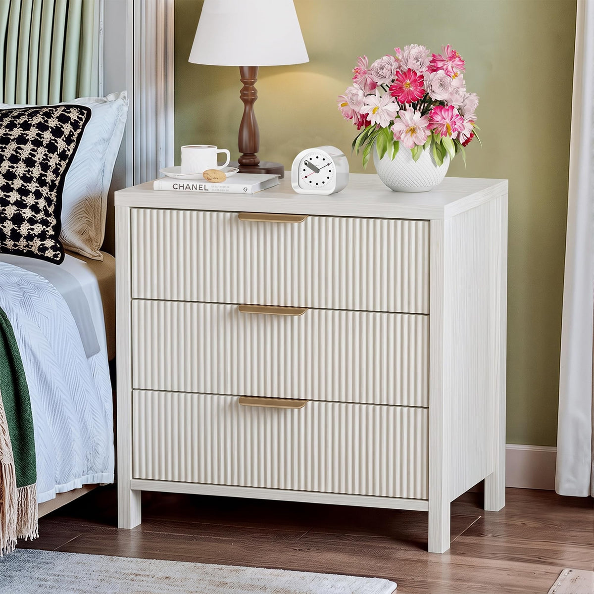 Fluted Nightstands Set of 2, 23.7'' Wide Night Stand with 3 Drawers, Mid-Century Modern Bedside Table with Handles, Wood End Table for Bedroom, Walnut