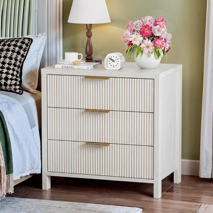 Fluted Nightstands Set of 2, 23.7'' Wide Night Stand with 3 Drawers, Mid-Century Modern Bedside Table with Handles, Wood End Table for Bedroom, Walnut