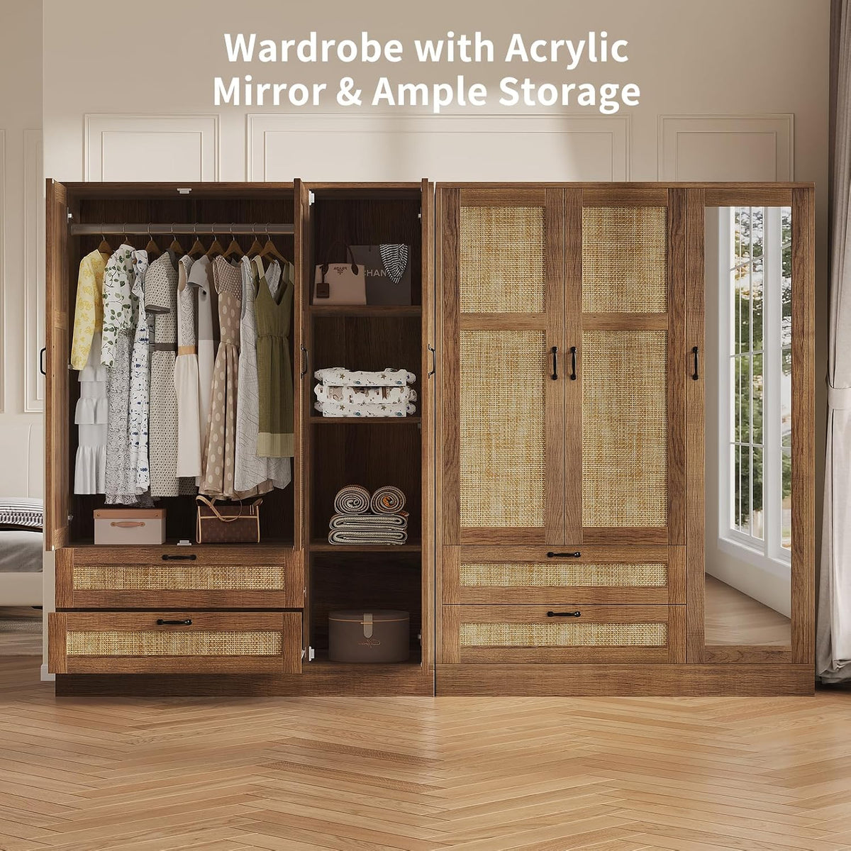 Rattan Armoire Wardrobe Closet with Full Length Mirror, 3 Doors Wardrobe Cabinet with 2 Drawers, Farmhouse Boho Armoire with Hanging Rod for Bedroom