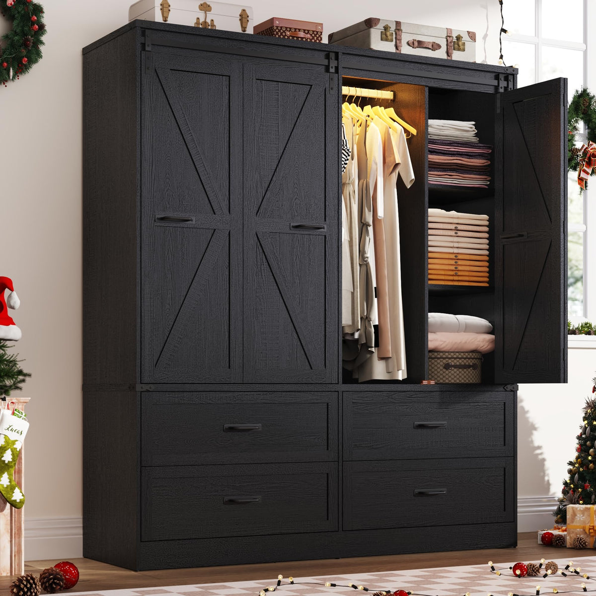 Farmhouse 3 Doors Armoire Wardrobe Closet w/Folding Sliding Barn Door and Lights, LED Armoire Closet w/Drawers for Bedroom, Freestanding Wooden Wardrobe Storage Closets w/Hanging Rod,Antique White