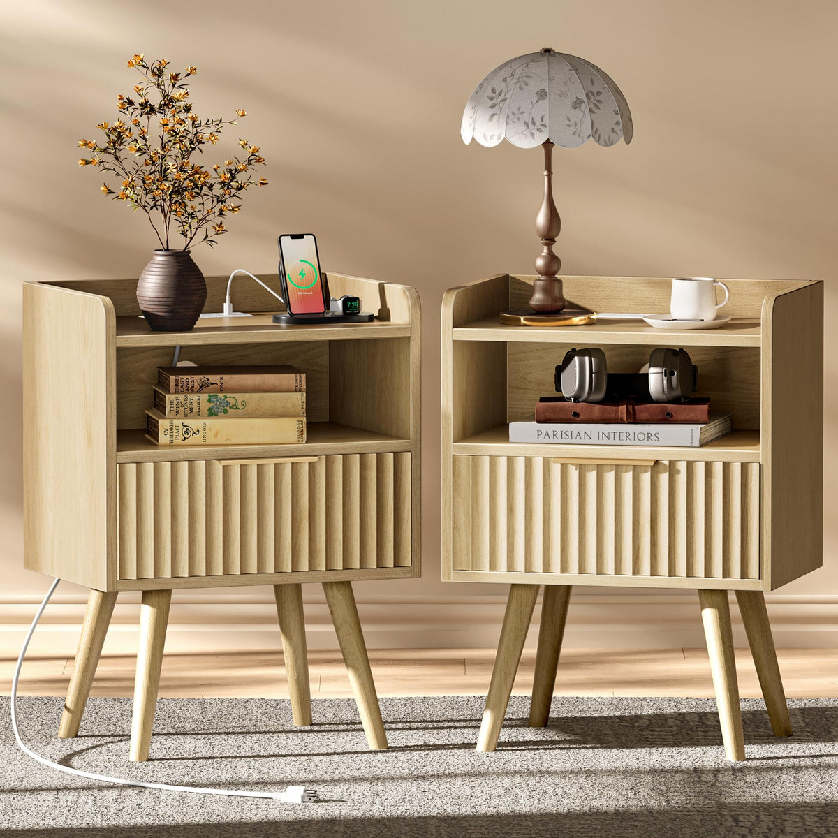 Huuger Nightstand Set of 2 with Charging Station, USB-C Port, End Tables