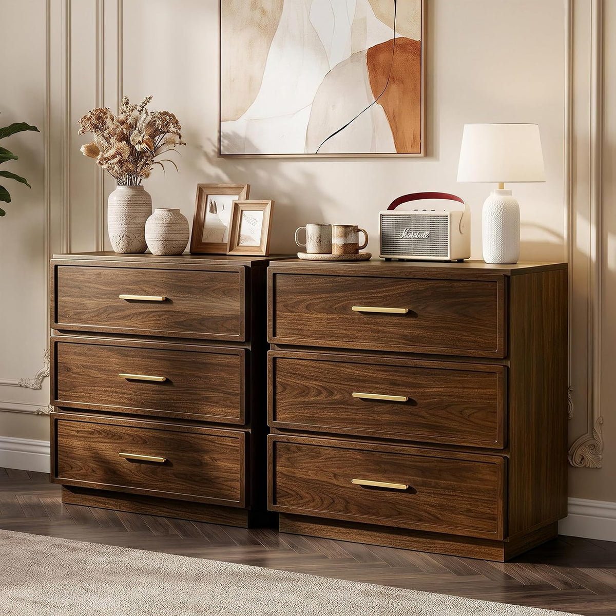 Nightstand Set of 2 Tall Bedside Table with 3 Drawers, Walnut