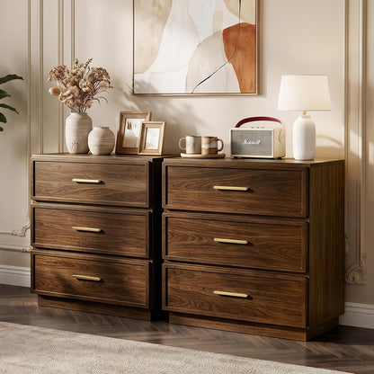 Nightstand Set of 2 Tall Bedside Table with 3 Drawers, Walnut