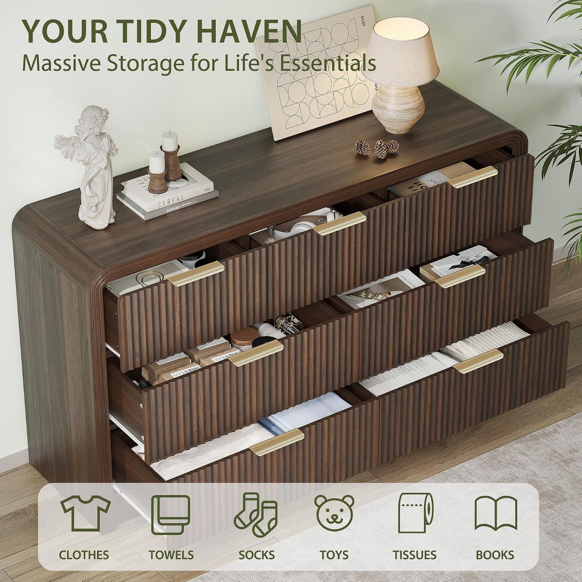 Decofy 55" W Fluted 7-Drawer Dresser for Bedroom, Walnut