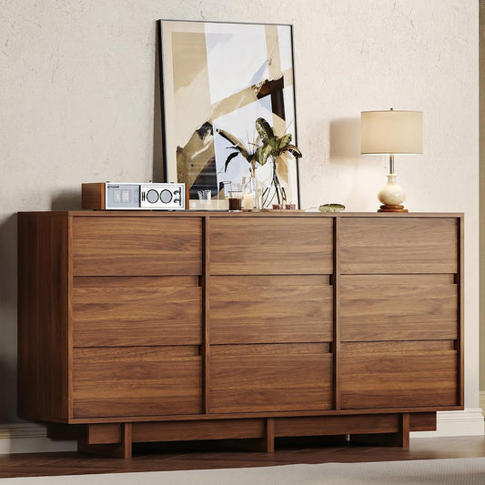 HOUROM Walnut Dresser for Bedroom, 59in Modern 9 Drawer Chest of Drawers