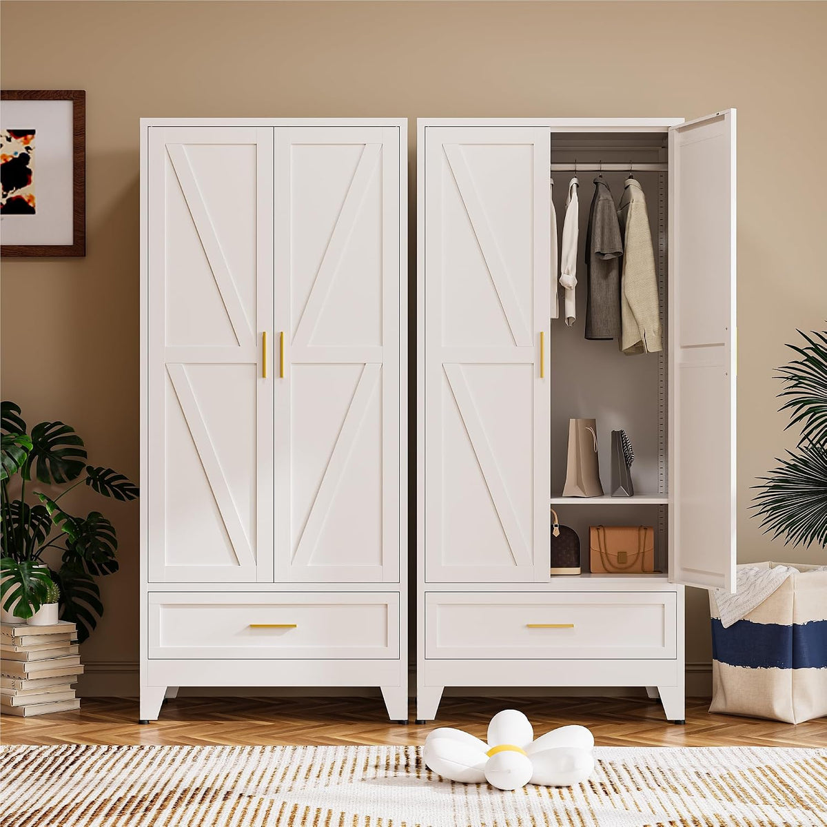 COFaR Wardrobe Closet, 71” Tall Metal Armoire with Hanging Rod, Adjustable Shelf & Drawer, Freestanding Steel Clothing Storage Cabinet with Doors for Bedroom, Office, Apartment (White)