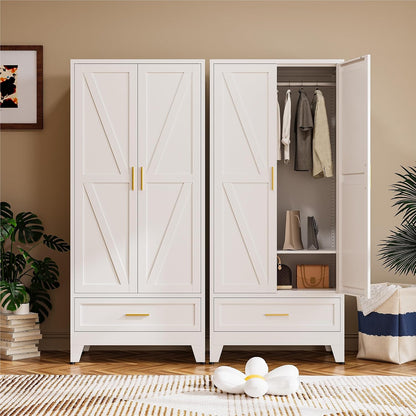 COFaR Wardrobe Closet, 71” Tall Metal Armoire with Hanging Rod, Adjustable Shelf & Drawer, Freestanding Steel Clothing Storage Cabinet with Doors for Bedroom, Office, Apartment (White)