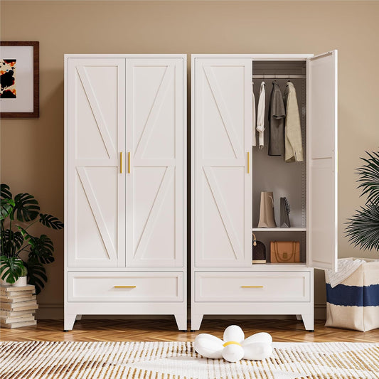 COFaR Wardrobe Closet, 71” Tall Metal Armoire with Hanging Rod, Adjustable Shelf & Drawer, Freestanding Steel Clothing Storage Cabinet with Doors for Bedroom, Office, Apartment (White)