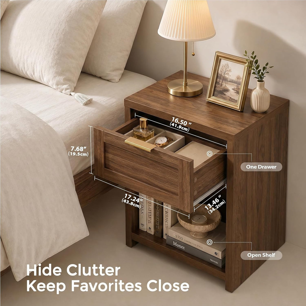 Walsham Nightstands Set of 2, XL Farmhouse Bedside Table, Special Walnut