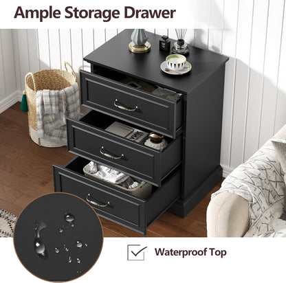 Black Nightstand Set of 2,24" Wide End Table with 3 Large Drawers & Metal Handles,Rustic Farmhouse Wood Small Dresser,Bedside Table,Modern Chest of Drawers for Bedroom,Living Room